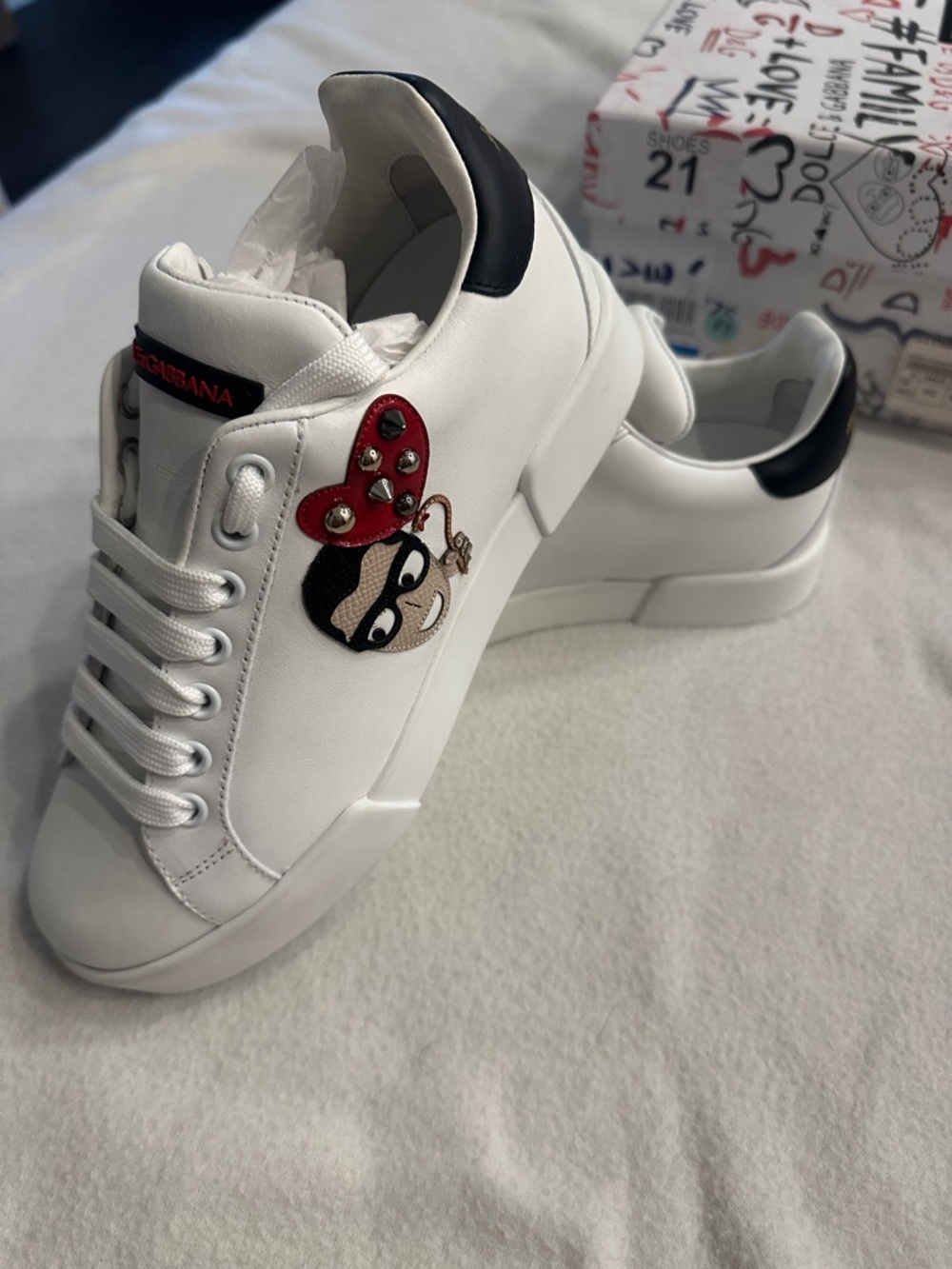 Dolce & Gabbana White Sneakers with Red Heart and Black Heel